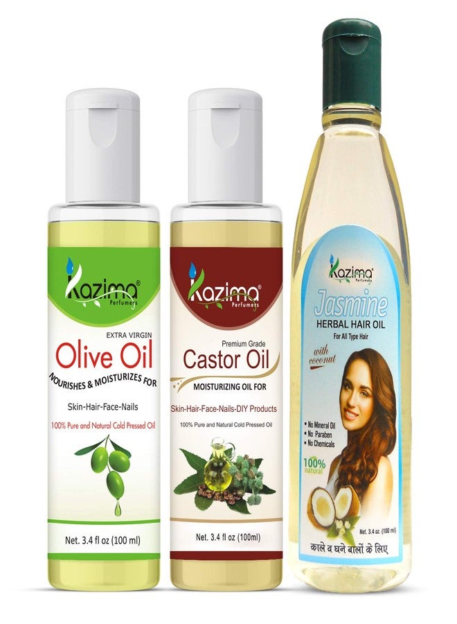 KAZIMA Combo of Olive Oil, Castor Oil and Jasmine Herbal Hair Oil for Hair, Skin and Body, 100 ml each - Image 2
