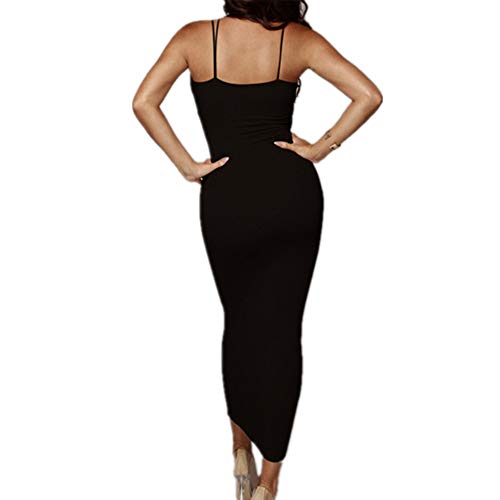PRIMODA Women's Sexy Neon Asymmetrical Spaghetti Strap Dress Deep V-Neck Sleeveless Bodycon Midi Club Dress(Black,M) - Image 3