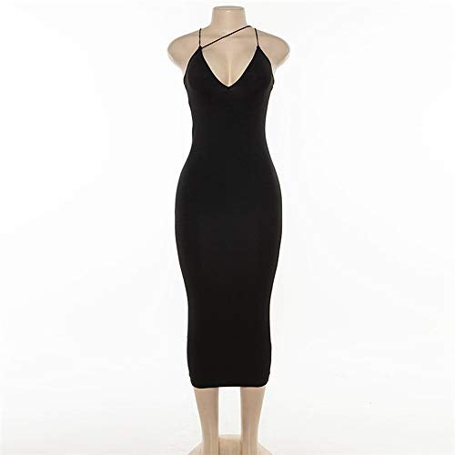 PRIMODA Women's Sexy Neon Asymmetrical Spaghetti Strap Dress Deep V-Neck Sleeveless Bodycon Midi Club Dress(Black,M) - Image 4