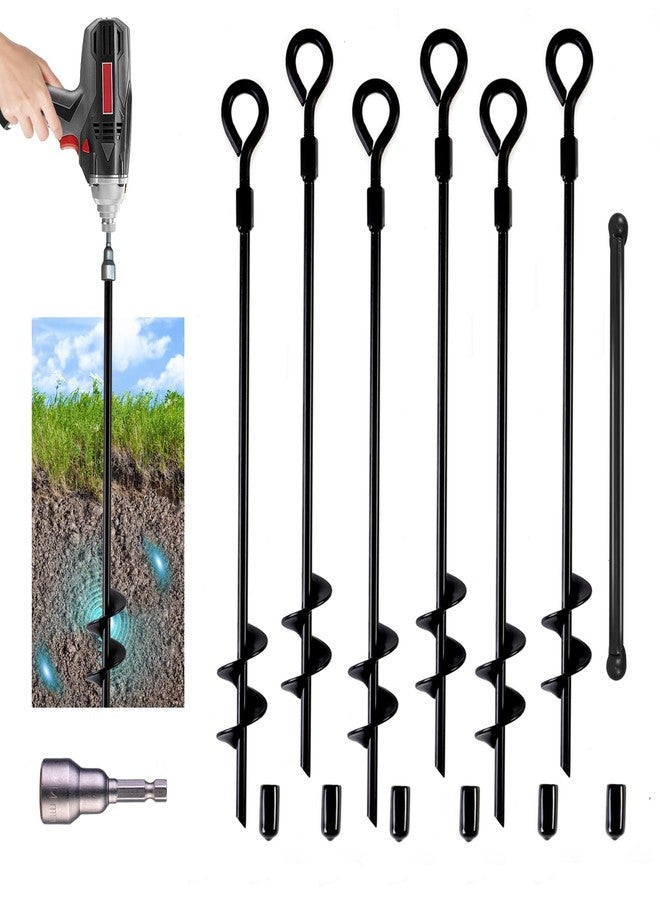 MIXXIDEA18 Inch Ground Anchors Screw in Folding Ring Spiral Metal Ground Stakes Dog Tie Out Stake Spiraling Anchor Trampoline Anchors for Tent (black-6pk) - Image 1