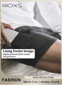 RIOXS Men's 2-In-1 Athletic Running Shorts, Lightweight Sportwear Quick-Drying Shorts, Fitness Stretch Sports Shorts with Pockets for Phone, No Fading, No Deformation  - Image 2