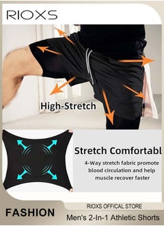 RIOXS Men's 2-In-1 Athletic Running Shorts, Lightweight Sportwear Quick-Drying Shorts, Fitness Stretch Sports Shorts with Pockets for Phone, No Fading, No Deformation  - Image 1