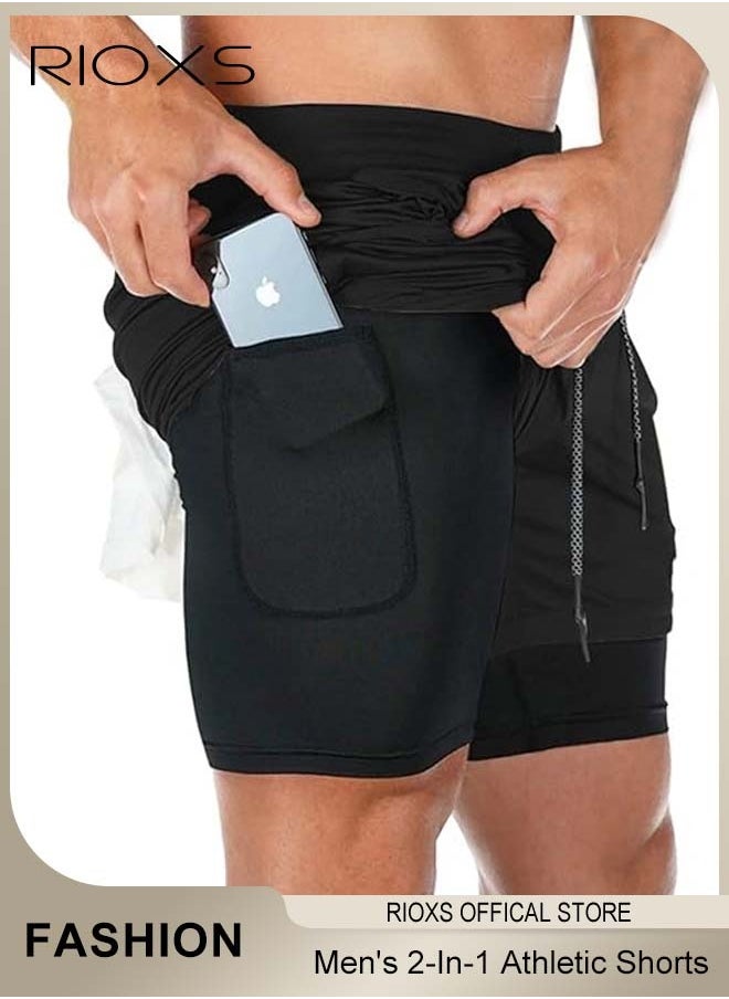 RIOXS - Men's 2-In-1 Athletic Running Shorts, Lightweight Sportwear Quick-Drying Shorts, Fitness Stretch Sports Shorts with Pockets for Phone, No Fading, No Deformation - Image 1