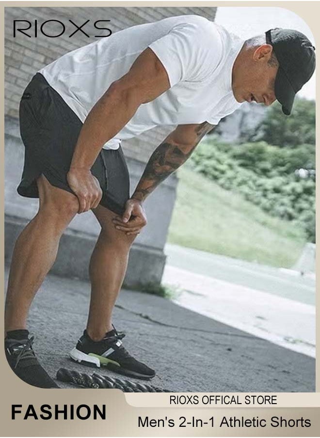 RIOXS - Men's 2-In-1 Athletic Running Shorts, Lightweight Sportwear Quick-Drying Shorts, Fitness Stretch Sports Shorts with Pockets for Phone, No Fading, No Deformation - Image 1