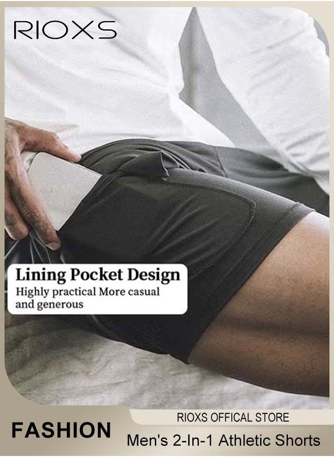 RIOXS - Men's 2-In-1 Athletic Running Shorts, Lightweight Sportwear Quick-Drying Shorts, Fitness Stretch Sports Shorts with Pockets for Phone, No Fading, No Deformation - Image 1