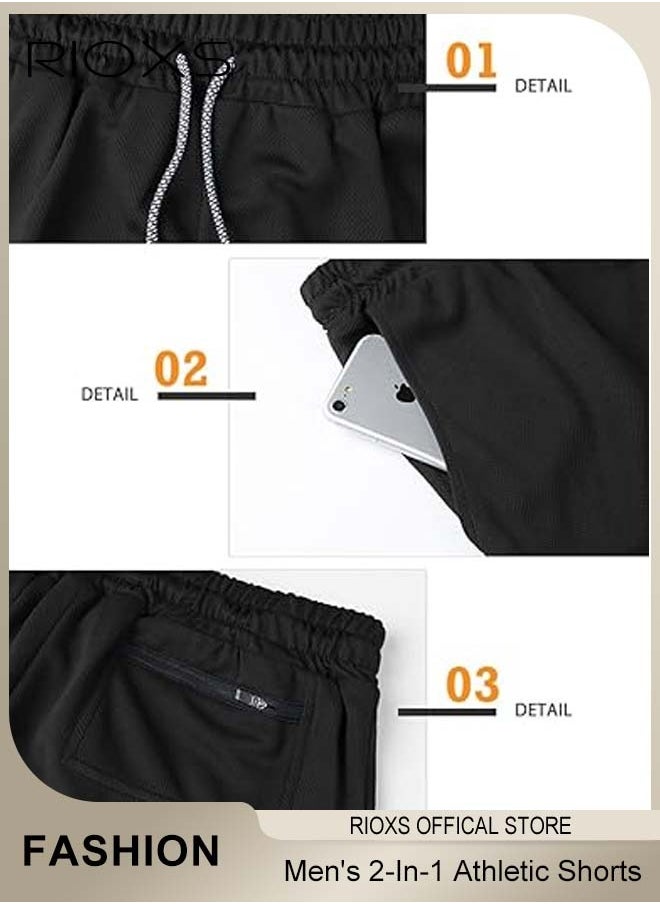 RIOXS - Men's 2-In-1 Athletic Running Shorts, Lightweight Sportwear Quick-Drying Shorts, Fitness Stretch Sports Shorts with Pockets for Phone, No Fading, No Deformation - Image 1