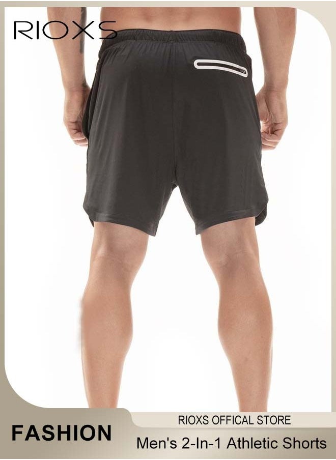 RIOXS - Men's 2-In-1 Athletic Running Shorts, Lightweight Sportwear Quick-Drying Shorts, Fitness Stretch Sports Shorts with Pockets for Phone, No Fading, No Deformation - Image 1