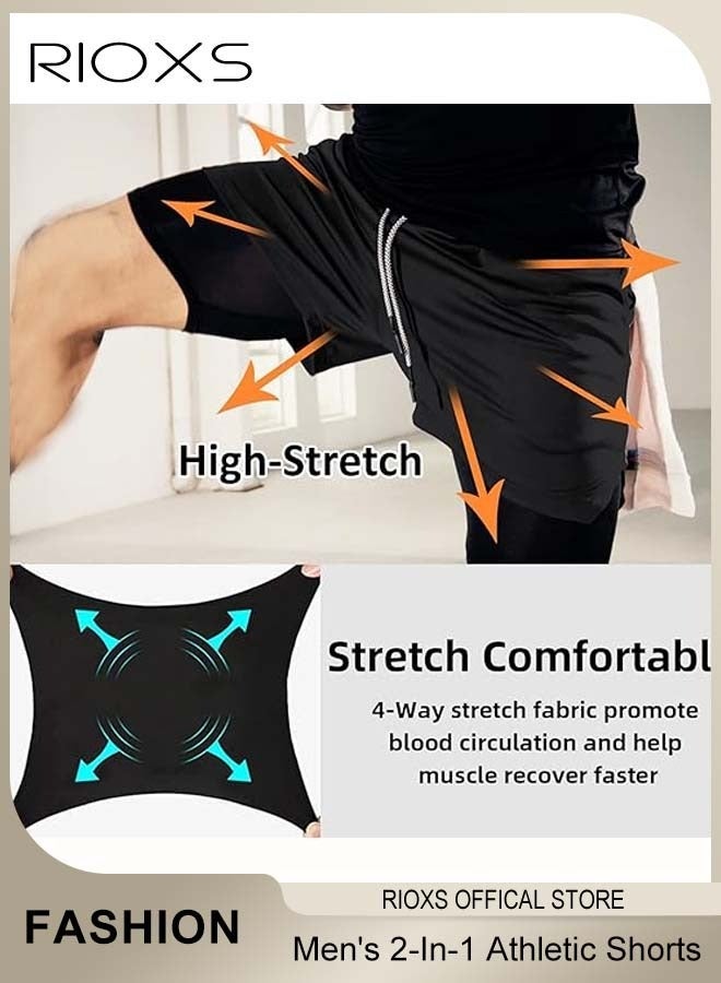 RIOXS Men's 2-In-1 Athletic Running Shorts, Lightweight Sportwear Quick-Drying Shorts, Fitness Stretch Sports Shorts with Pockets for Phone, No Fading, No Deformation - Image 2