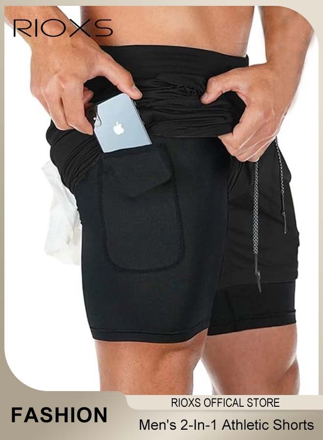 RIOXS Men's 2-In-1 Athletic Running Shorts, Lightweight Sportwear Quick-Drying Shorts, Fitness Stretch Sports Shorts with Pockets for Phone, No Fading, No Deformation - Image 1