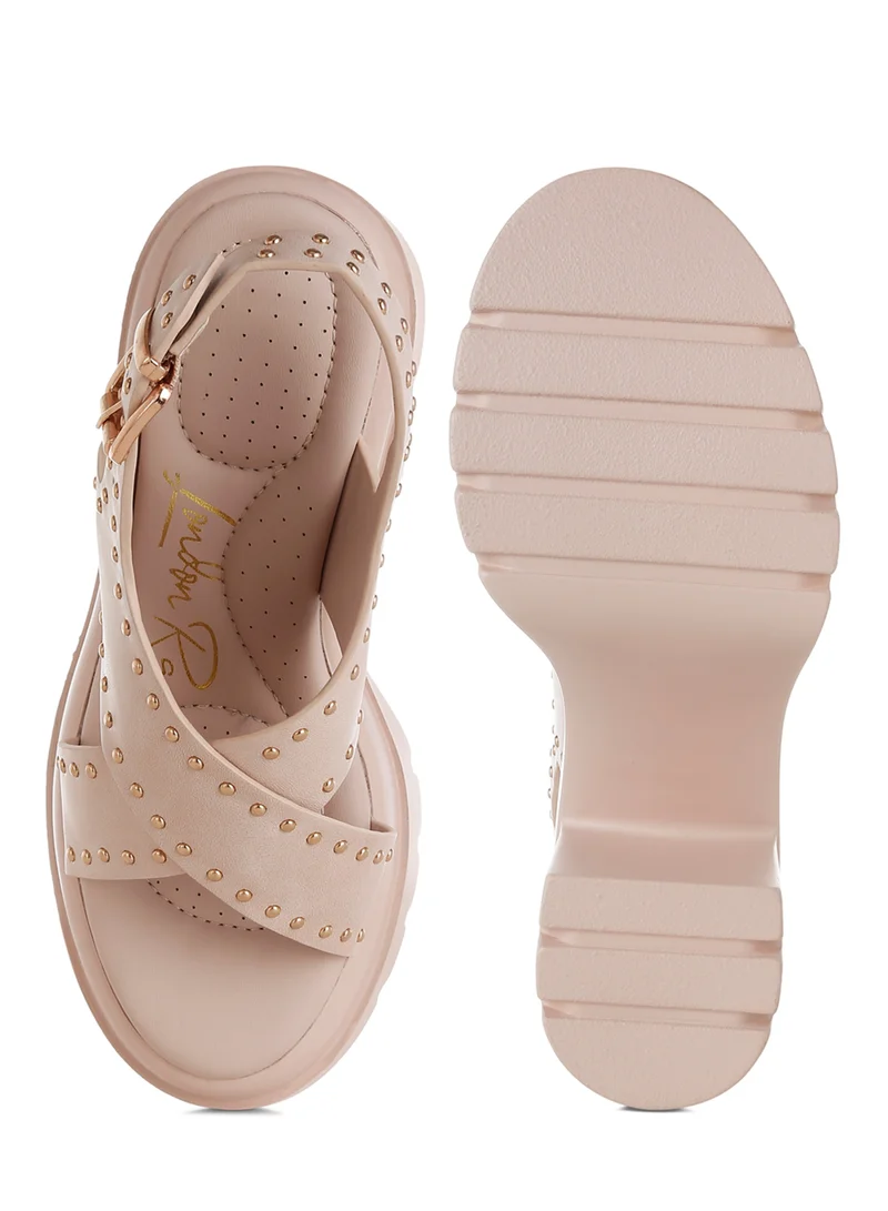 London Rag Stud Embellished Block Heel Sandals in Beige