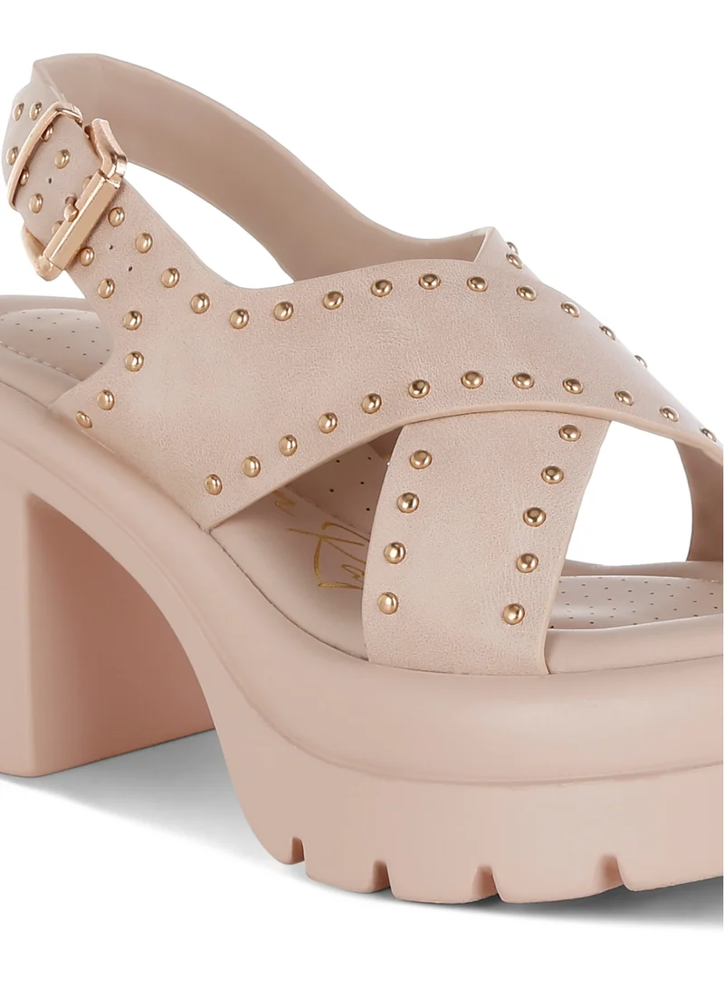 London Rag Stud Embellished Block Heel Sandals in Beige