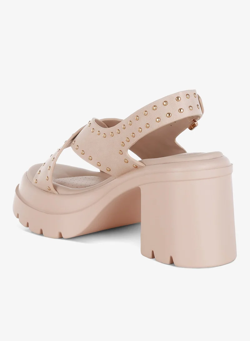 London Rag Beige Stud Embellished Block Heel Sandals in Beige for Women | Best Price UAE