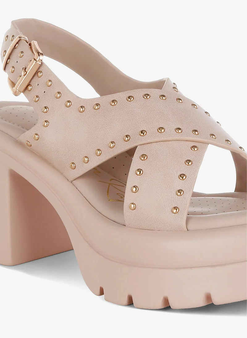London Rag Beige Stud Embellished Block Heel Sandals in Beige for Women | Best Price UAE