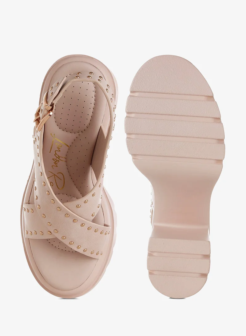 London Rag Beige Stud Embellished Block Heel Sandals in Beige for Women | Best Price UAE