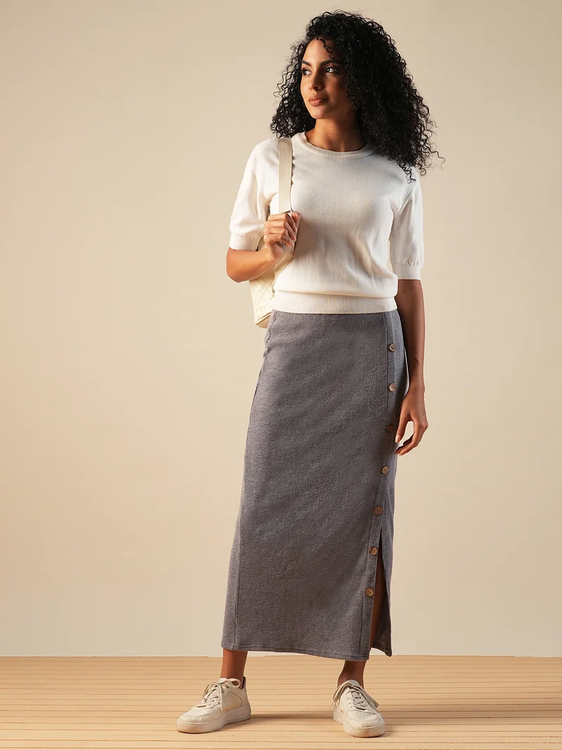 globus Women Self Design Button Detail Mid-Rise Side Slit Midi Pencil Skirt