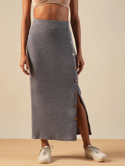 globus Women Self Design Button Detail Mid-Rise Side Slit Midi Pencil Skirt