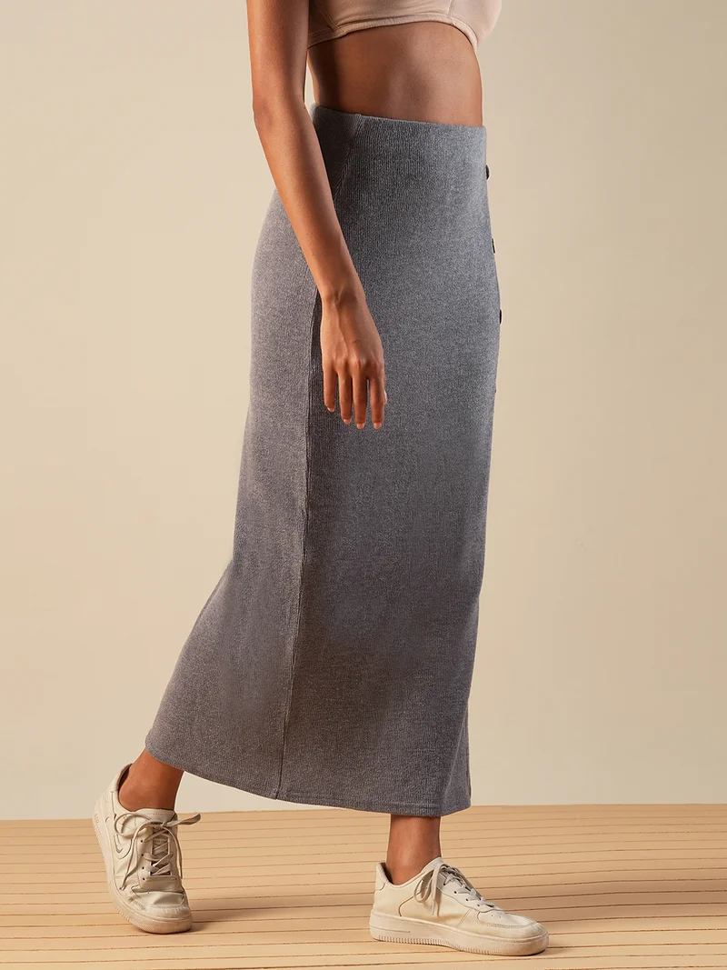 globus Women Self Design Button Detail Mid-Rise Side Slit Midi Pencil Skirt
