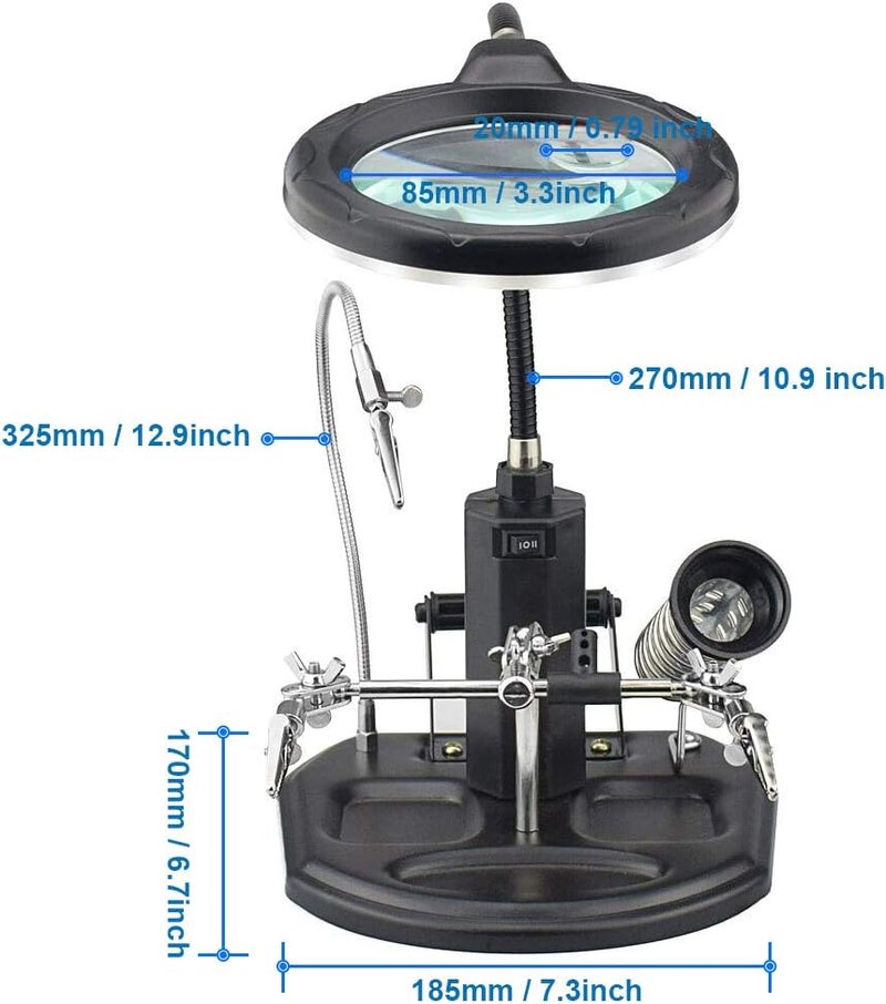 MMOBIEL LED Light Helping Hand Magnifier Station for Soldering Assembly RepairModeling Hobbies and Crafts  25X 4X LED Light  HandsFree Magnifying Glass Stand  Incl Clamp and Alligator Clips - Image 2