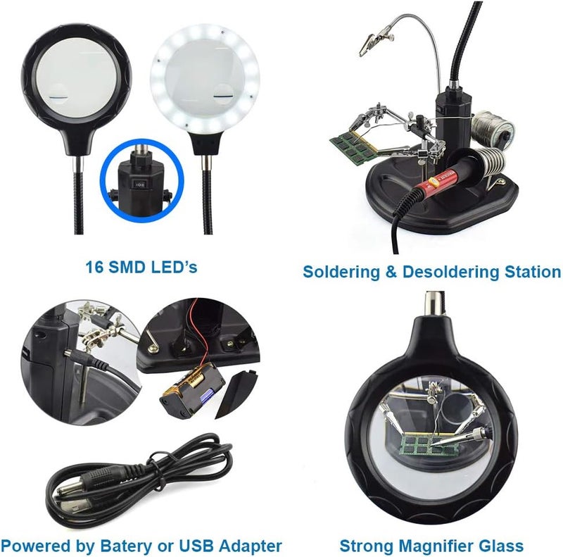 MMOBIEL LED Light Helping Hand Magnifier Station for Soldering Assembly RepairModeling Hobbies and Crafts  25X 4X LED Light  HandsFree Magnifying Glass Stand  Incl Clamp and Alligator Clips - Image 5