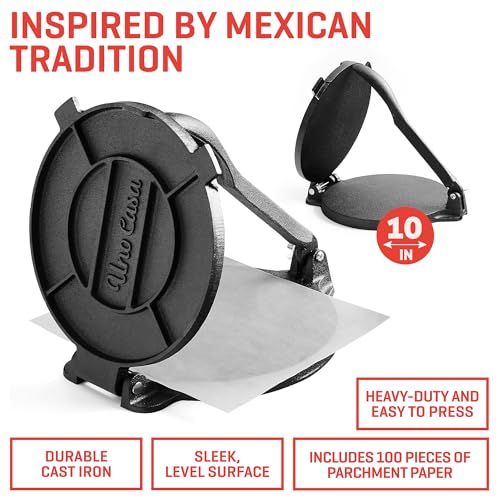 Uno Casa 10 Inch Cast Iron Tortilla Press & Comal Pan Bundle - Non-Stick, Heat-Resistant, Family Size, Gas Stovetop Compatible - Image 2