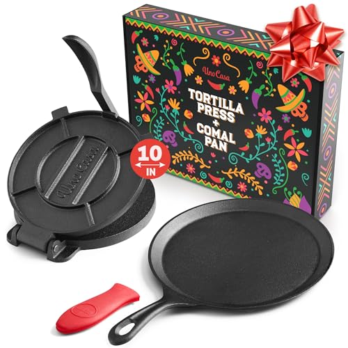 Uno Casa 10 Inch Cast Iron Tortilla Press & Comal Pan Bundle - Non-Stick, Heat-Resistant, Family Size, Gas Stovetop Compatible - Image 1