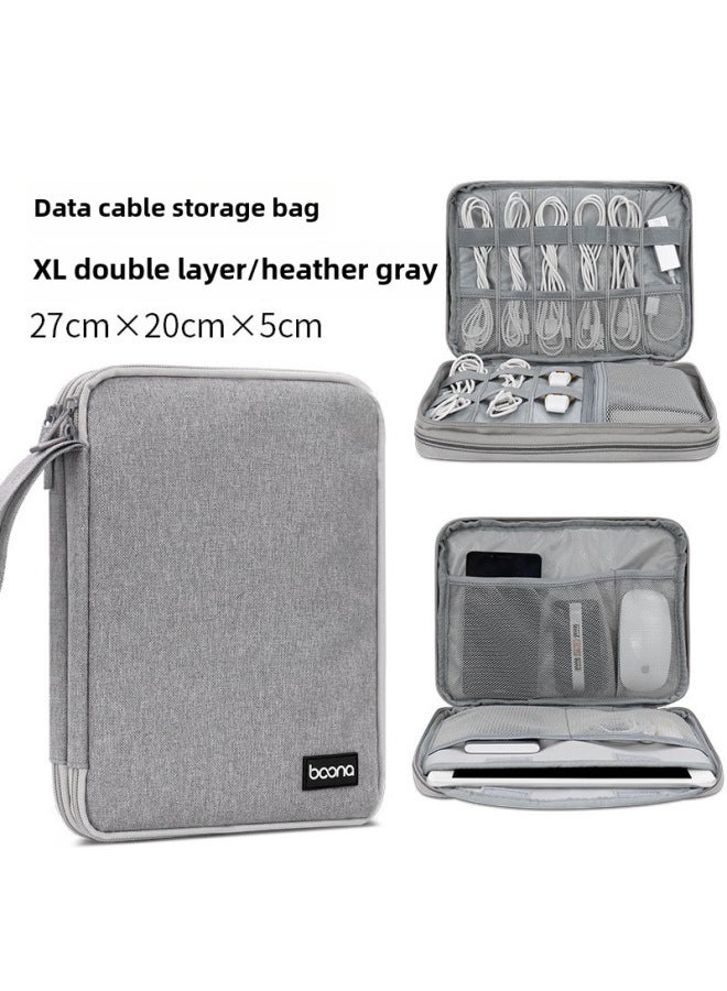 حقيبة تخزين كابل بيانات سماعة رأس آيباد تابلت حقيبة تخزين هاتف محمول شحن كنز حافظة حماية رقمية محمولة - اللون: مقاس كبير مزدوج - رمادي - Image 1