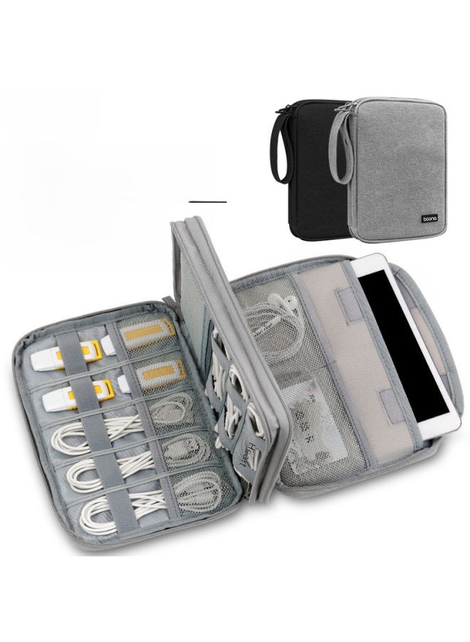 حقيبة تخزين كابل بيانات سماعة رأس آيباد تابلت حقيبة تخزين هاتف محمول شحن كنز حافظة حماية رقمية محمولة - اللون: مقاس كبير مزدوج - رمادي - Image 3