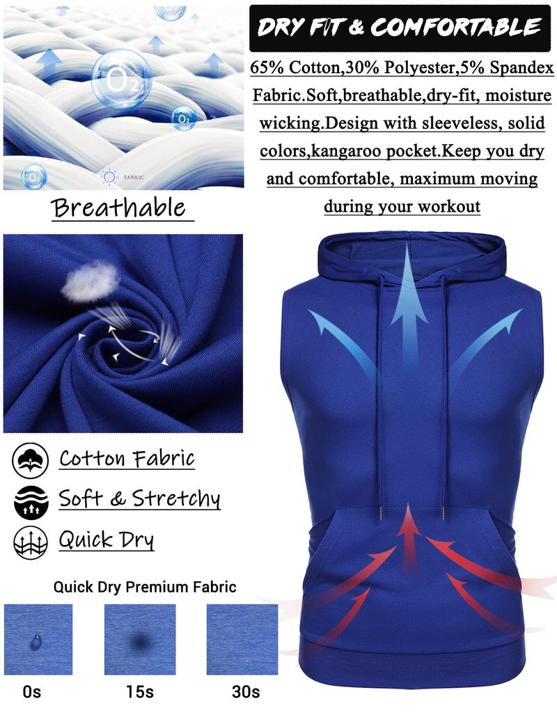 Amussiar Men's Muscle Tank TopsDry Fit Sleeveless Hoodie Workout Shirts Cut Off Athletic Gym Shirt Blue - Image 4