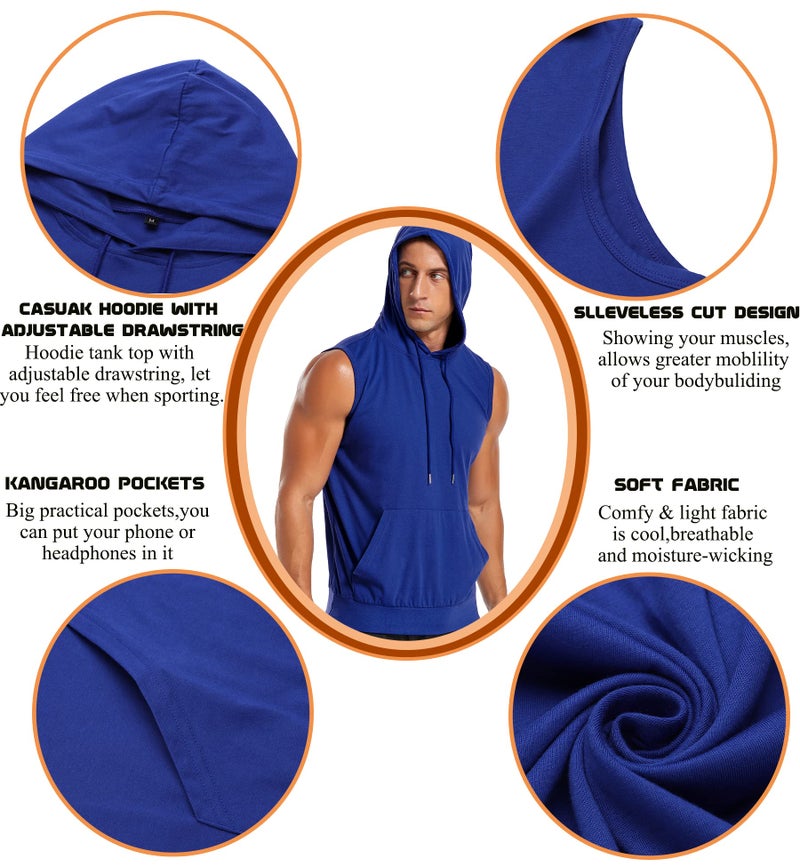 Amussiar Men's Muscle Tank TopsDry Fit Sleeveless Hoodie Workout Shirts Cut Off Athletic Gym Shirt Blue - Image 5