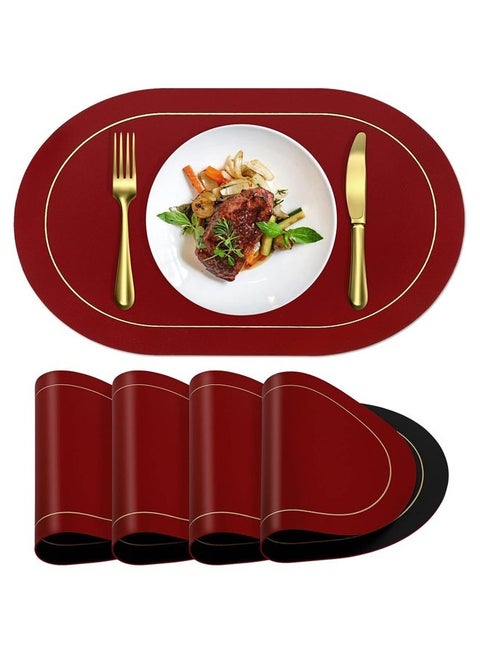 Faux Leather Placemats Set of 4, Double-Sided Color Oval Design Dining Table Mats, Waterproof Heat Resistant Indoor Outdoor Home Decor Kitchen Table Placemats (Black + Red)