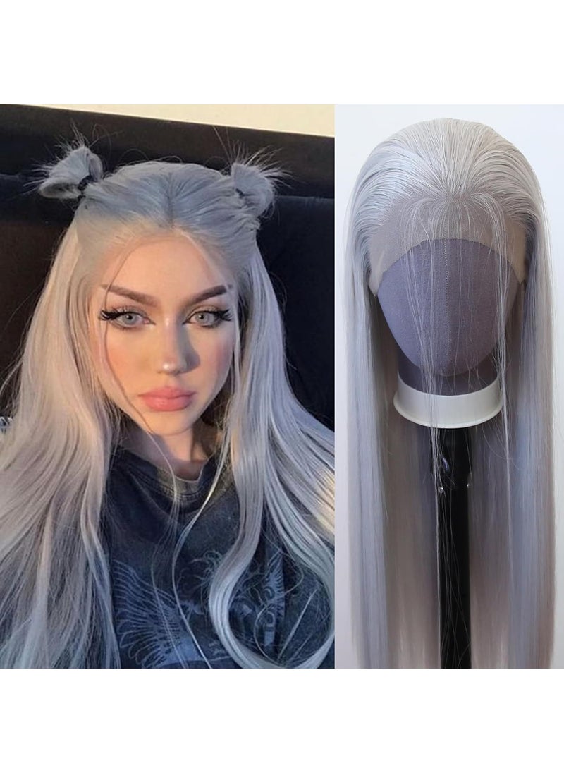 ZigZag Hair - zigzag hair Silver Wig Long Straight Silver Grey Synthetic Lace Front Wigs Pre Plucked with Natural Hariline for Fashion Women Heat Resistant Hair Glueless Silver Synthetic Lace Wig (Sliver) - Image 1