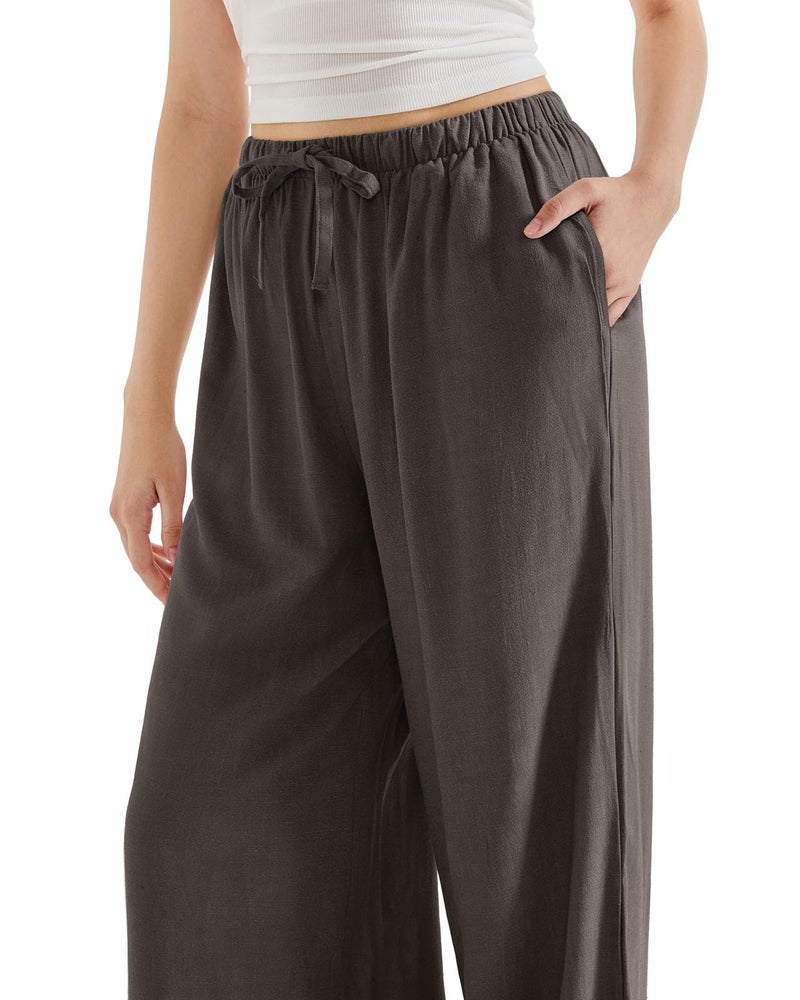 SUUKSESS Women Wide Leg Flowy Linen Pant with Pockets High Waisted Casual Lounge Palazzo Pant (Brown, M) - Image 3
