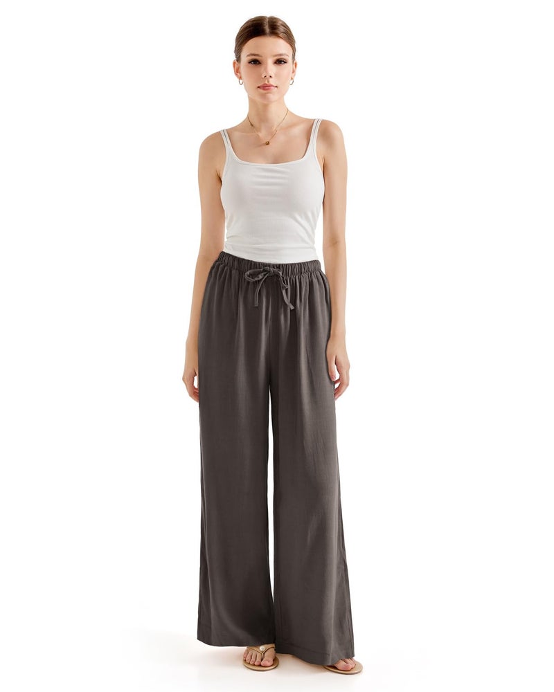 SUUKSESS Women Wide Leg Flowy Linen Pant with Pockets High Waisted Casual Lounge Palazzo Pant (Brown, M) - Image 4