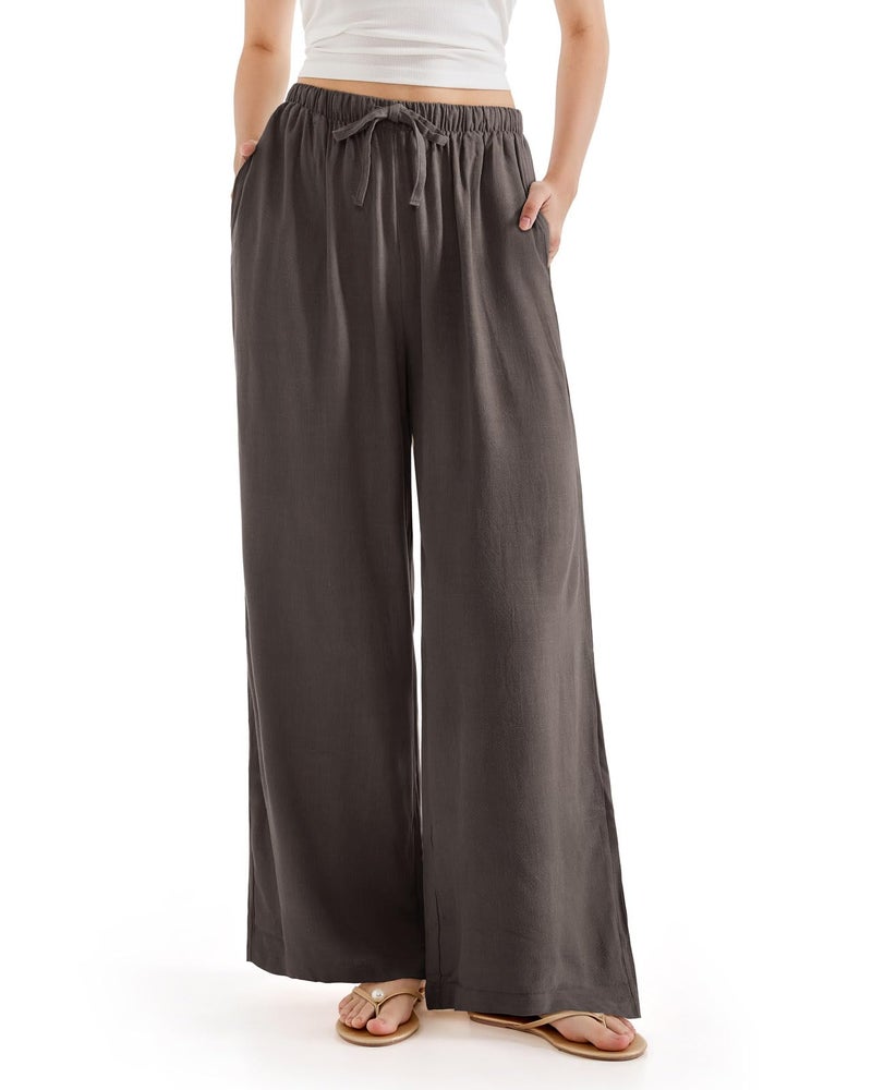 SUUKSESS Women Wide Leg Flowy Linen Pant with Pockets High Waisted Casual Lounge Palazzo Pant (Brown, M) - Image 1