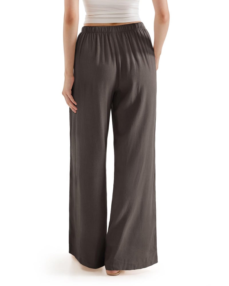 SUUKSESS Women Wide Leg Flowy Linen Pant with Pockets High Waisted Casual Lounge Palazzo Pant (Brown, M) - Image 2