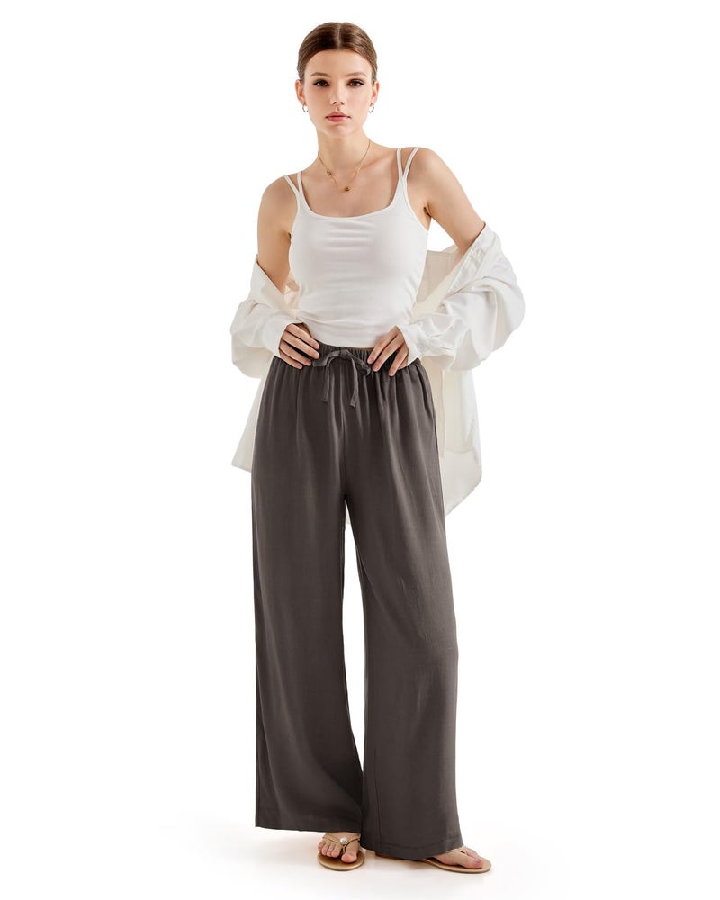 SUUKSESS Women Wide Leg Flowy Linen Pant with Pockets High Waisted Casual Lounge Palazzo Pant (Brown, M) - Image 5
