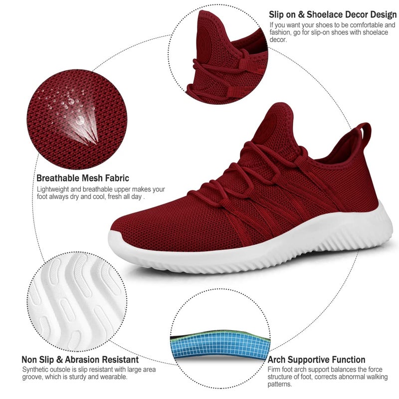 Feethit Womens Slip On Running Shoes Non Slip Walking Shoes Lightweight Gym Workout Shoes Breathable Fashion Sneakers All Burgundy Size 7.5 - Image 3