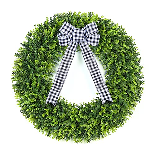 Vlorart 32 Faux Round Boxwood Wreath Artificial Large Boxwood Wreath Front Door Wreaths Artificial Spring Summer Greenery Hanging with A Plaid Bow for Villa Wall Hanging Window Wedding Party Decor