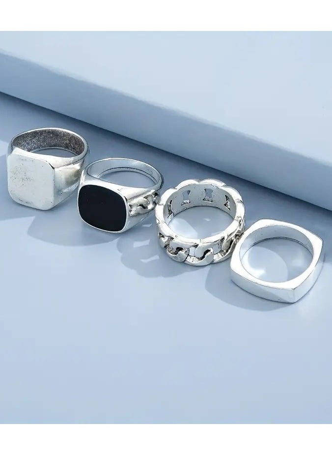 Goolsky 4pcs Punk Style Hip Hop Trendy Rings, Retro Geometric Metal Finger Ring  - Image 1