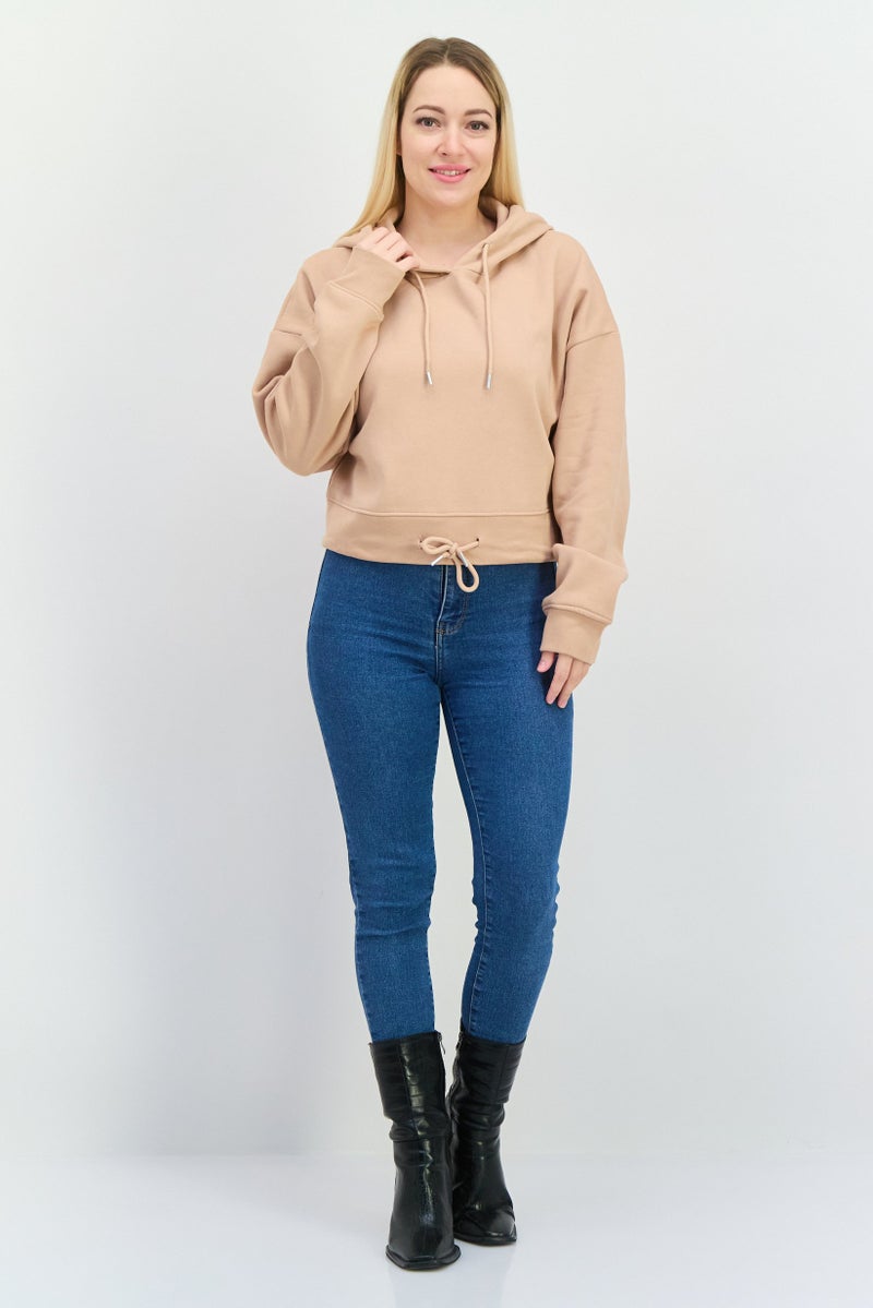 JUICE Women Hooded Plain Long Sleeve Hooded Sweatshirt, Beige - Image 4