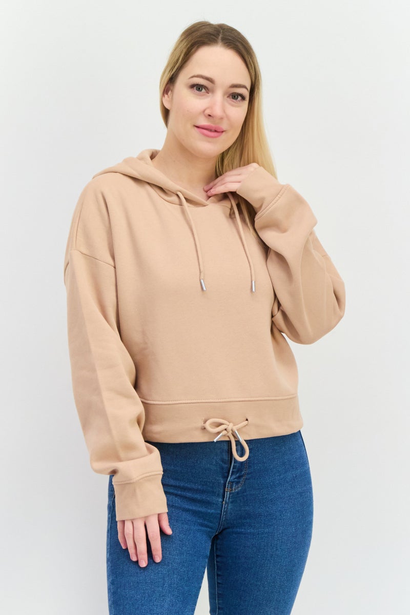 JUICE Women Hooded Plain Long Sleeve Hooded Sweatshirt, Beige - Image 1