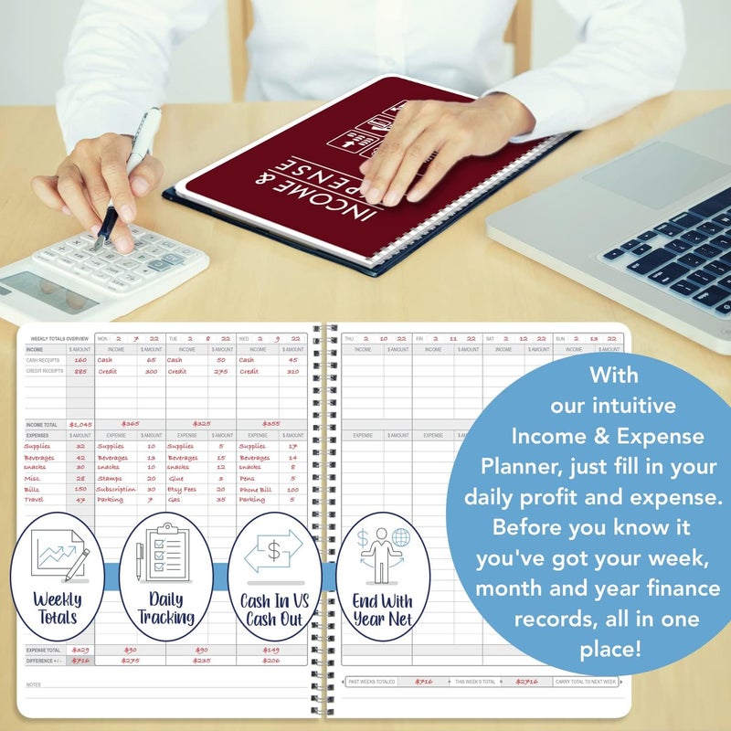 BookFactory Income and Expense Log Book/Tracker/Small Business Ledger Book/Accounting & Bookkeeping Ledger Log Book/LogBook 108 Pages - 8.5'' x 11'' Wire-O (Made in USA) - Image 3