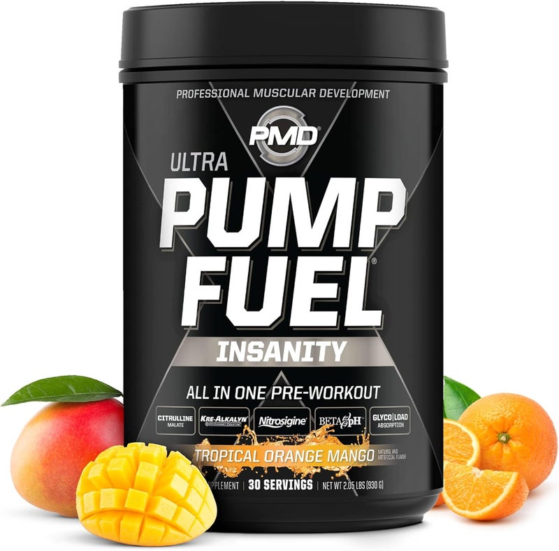 PMD PMD Sports Pump Fuel Ultra Insanity Premium Pre Workout Powder  Muscle Pump Intense Energy Focus Endurance  Recovery Premium Creatine  Beta Alanine Tropical Orange Mango 30 Servings - Image 1