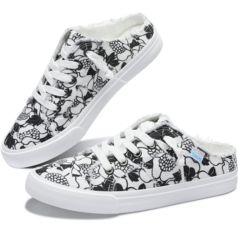 Obtaom Women Canvas Mules Memory Foam Clipper Fashion Sneakers Comfortable Slip-On Mule Backless Holiday Shoes(Multi White Black,US5) - Image 1