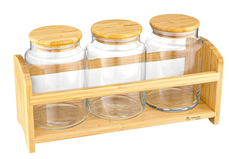HONEY BEE Bench 4-Piece Small Spice Rack Set, Compact Kitchen Organizer, Spice Jar Holder, Space-Saving Storage, Durable Design(3 Glass Jars with 1 Bamboo Bench) - Image 1
