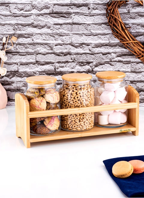 Bench 4-Piece Small Spice Rack Set, Compact Kitchen Organizer, Spice Jar Holder, Space-Saving Storage, Durable Design(3 Glass Jars with 1 Bamboo Bench)