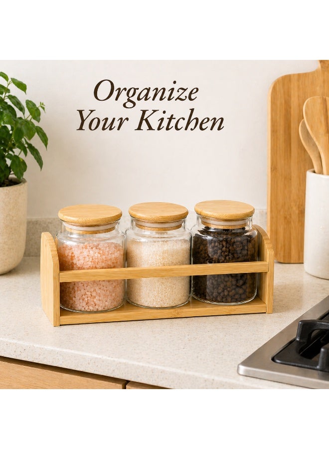 Honey Bee Spice Rack Set with 3 Glass Jars and Bamboo Stand Small - Kitchen Spice Organizer Rack with Airtight Bamboo Lids for Salt, Sugar, Coffee, Spices - Countertop Storage Set - Image 4
