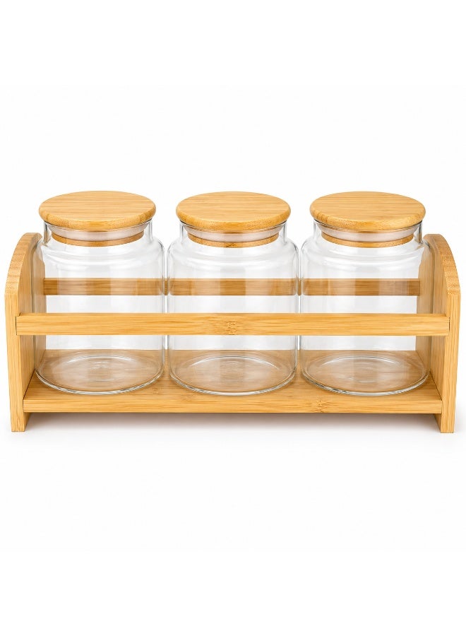 Honey Bee Spice Rack Set with 3 Glass Jars and Bamboo Stand Small - Kitchen Spice Organizer Rack with Airtight Bamboo Lids for Salt, Sugar, Coffee, Spices - Countertop Storage Set - Image 1