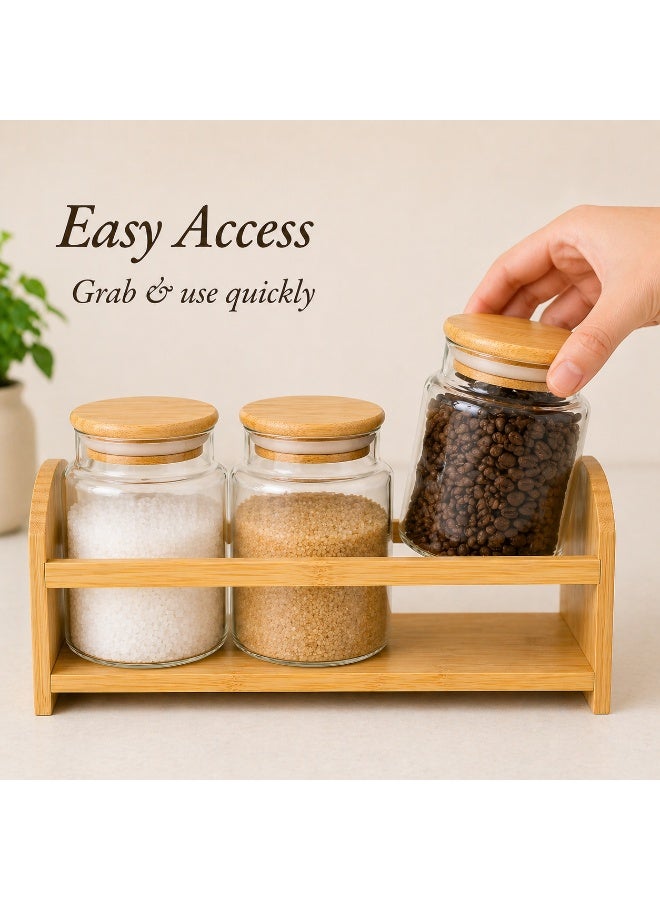 Honey Bee Spice Rack Set with 3 Glass Jars and Bamboo Stand Small - Kitchen Spice Organizer Rack with Airtight Bamboo Lids for Salt, Sugar, Coffee, Spices - Countertop Storage Set - Image 2