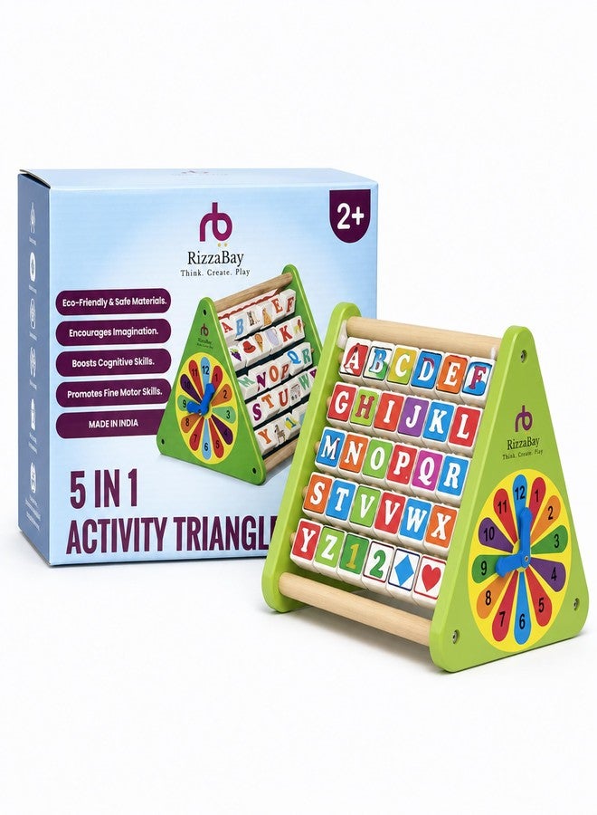 RIZZABAY 5-in-1 Wooden Montessori Activity Triangle Kids 2-5 Years, STEM Learning Abacus, Alphabet Blocks, Numbers, Clock & Gear Cube, Educational Wooden Toy for Toddlers Gift - Image 1